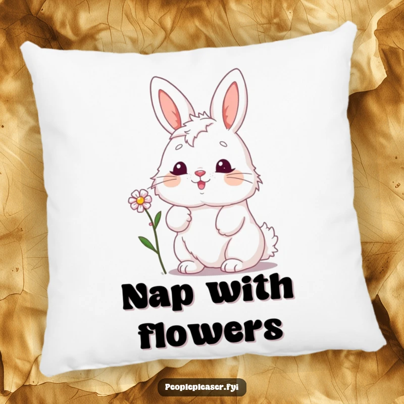 Funny bunny pillow, depicted nodding enthusiastically while offering a tiny flower, symbolizing comfort, cuteness, and heartwarming cheer.