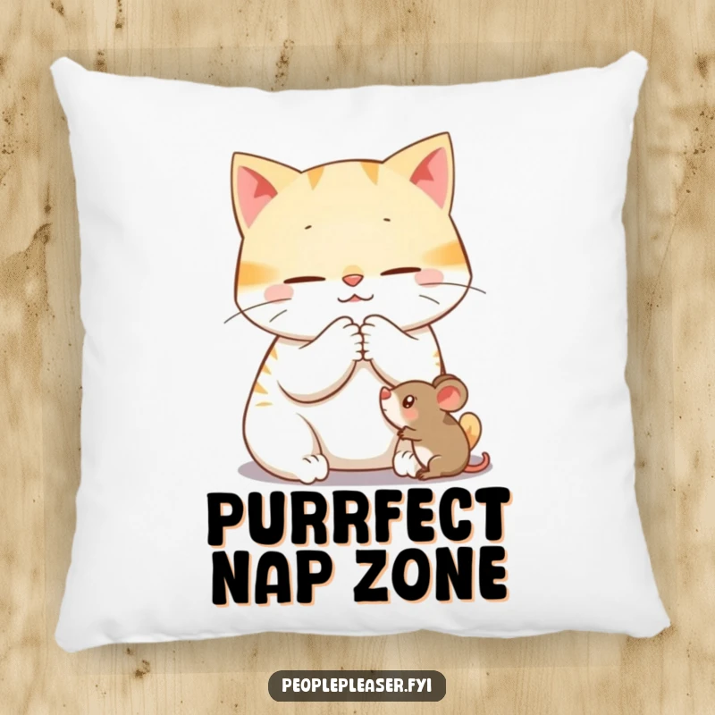 Funny pillow featuring a content cat character purring while gently grooming a toy mouse, offering comfort and peaceful amusement.