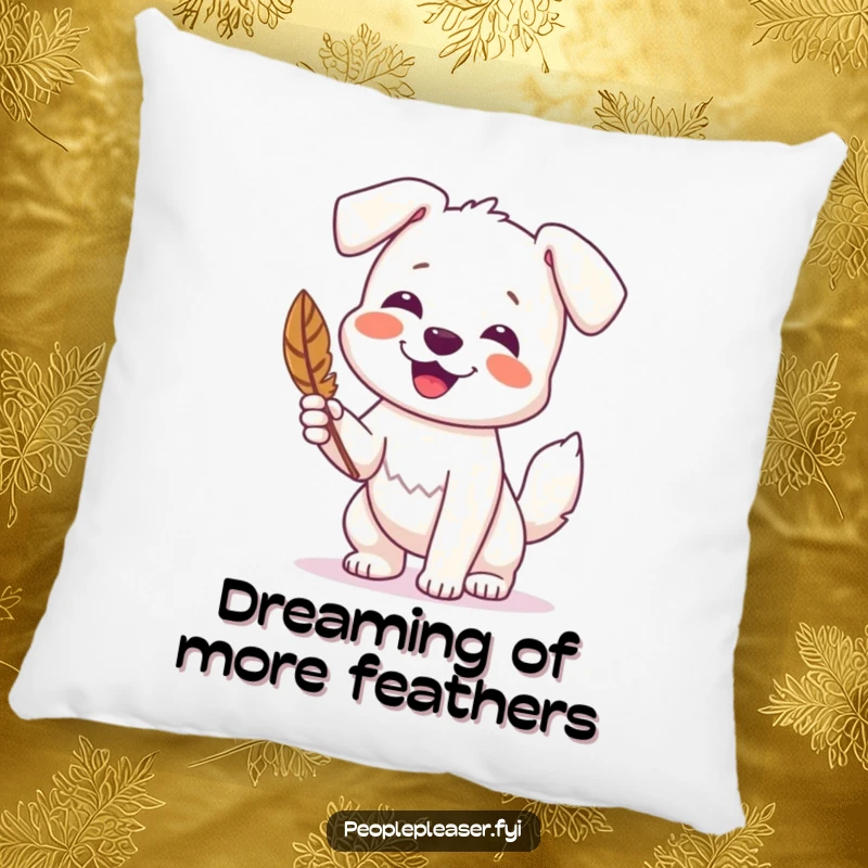 Funny pillow with a happy dog wagging its tail and presenting a feather, soft and comforting.