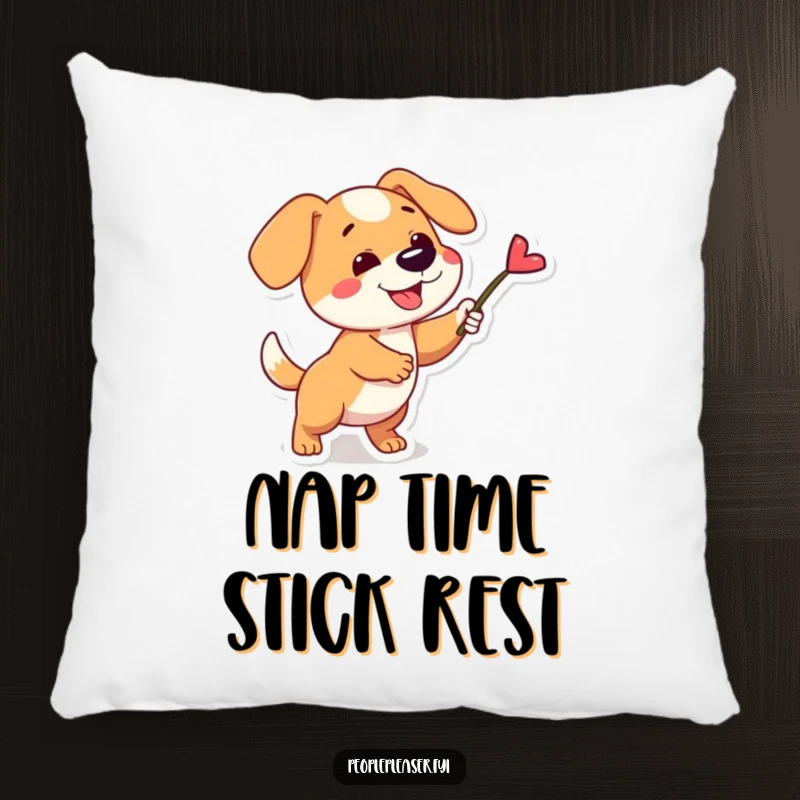 Funny pillow featuring a playful dog character fetching a single, perfect stick, offering comfort and playful energy.