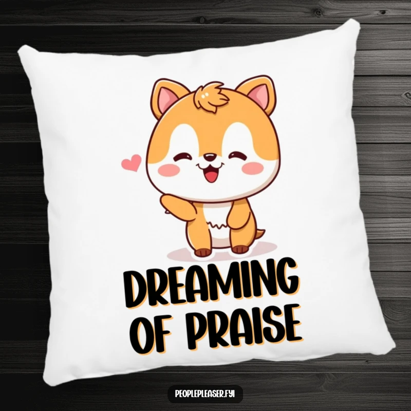 Funny Pillow displaying a cute, pleased animal character with rosy cheeks and a big smile, receiving a compliment, perfect for adding a happy touch.