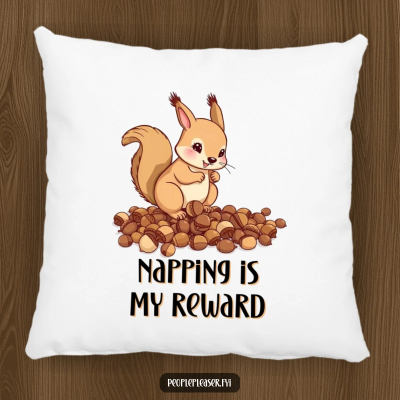 Funny Pillow: A helpful squirrel is depicted meticulously organizing scattered acorns, creating a humorous and cozy accent piece.