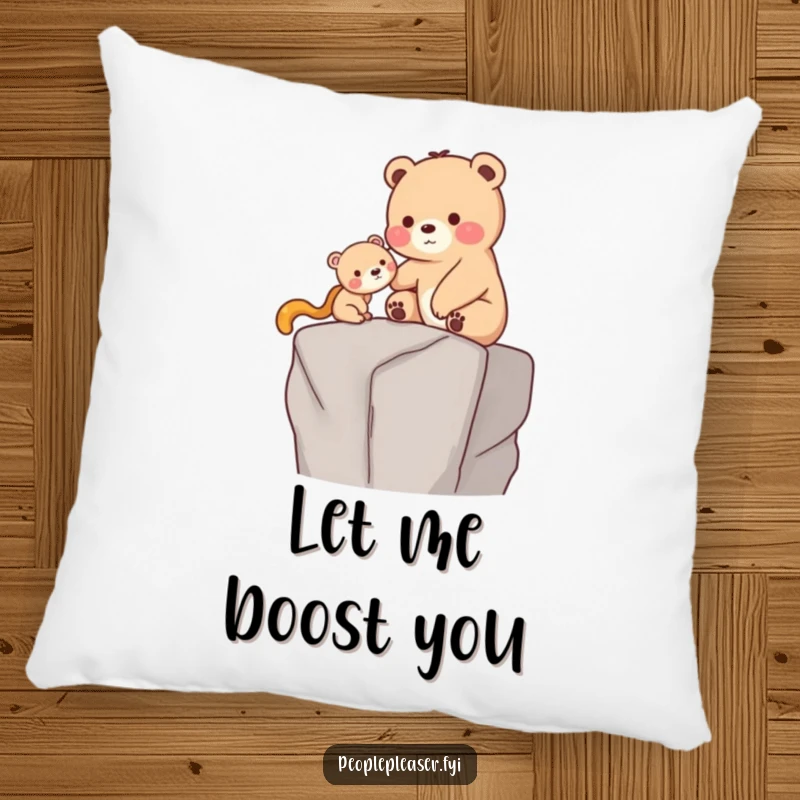 Funny Pillow: A caring bear gently helps a smaller creature onto a high ledge, creating a humorous and comforting decorative piece.
