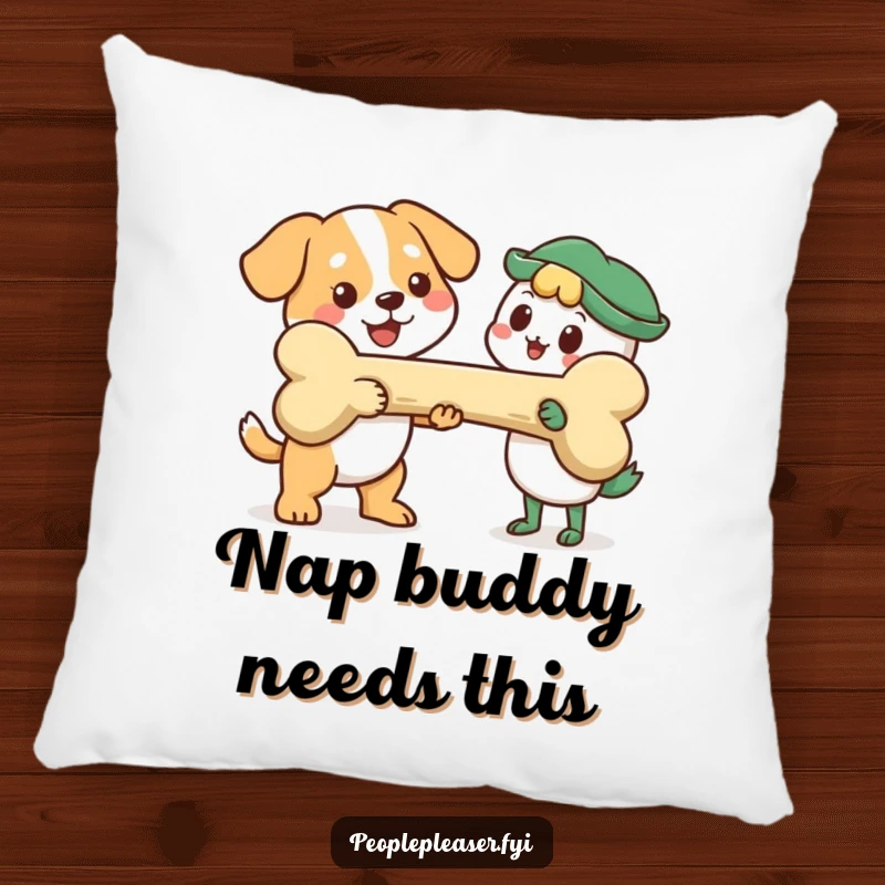 Funny Pillow: Cheerful dog character joyfully offers a giant bone, providing comfort and a touch of humorous doggy charm.