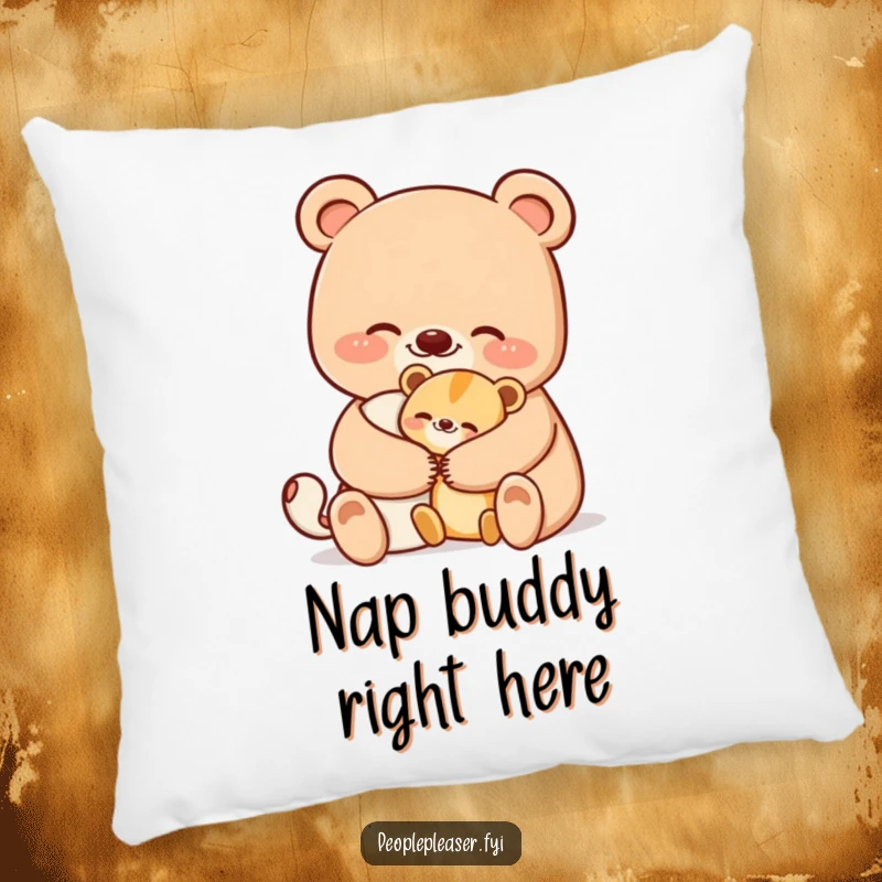 Funny bear pillow featuring a smiling bear character offering a comforting hug to a smaller animal, offering comfort and a humorous touch.