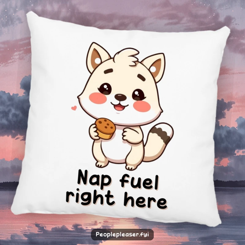 Funny pillow with a cute animal character joyfully offering a delicious treat, bringing comfort and laughter.