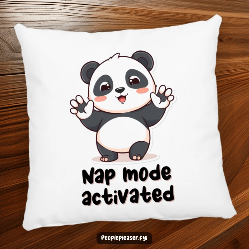 Funny panda pillow with a waving character offering a big smile, providing plush comfort and a humorous symbol of welcome.