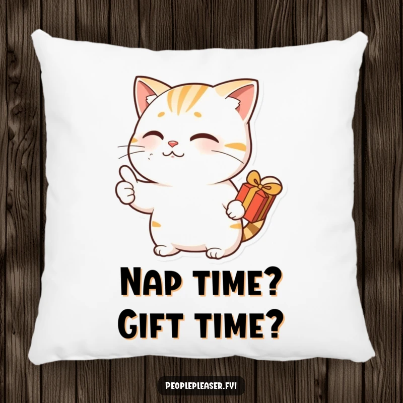 Funny pillow featuring a nodding cat giving a thumbs up and holding a small gift, perfect for cozy, humorous decoration.