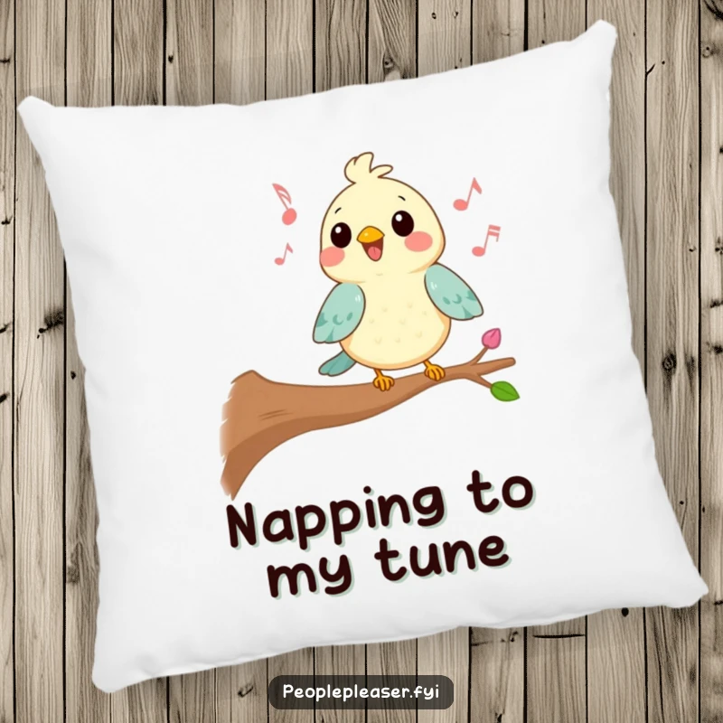 Funny Kawaii bird pillow featuring a character singing a cheerful tune from a branch, offering plush comfort and a joyful, musical design.