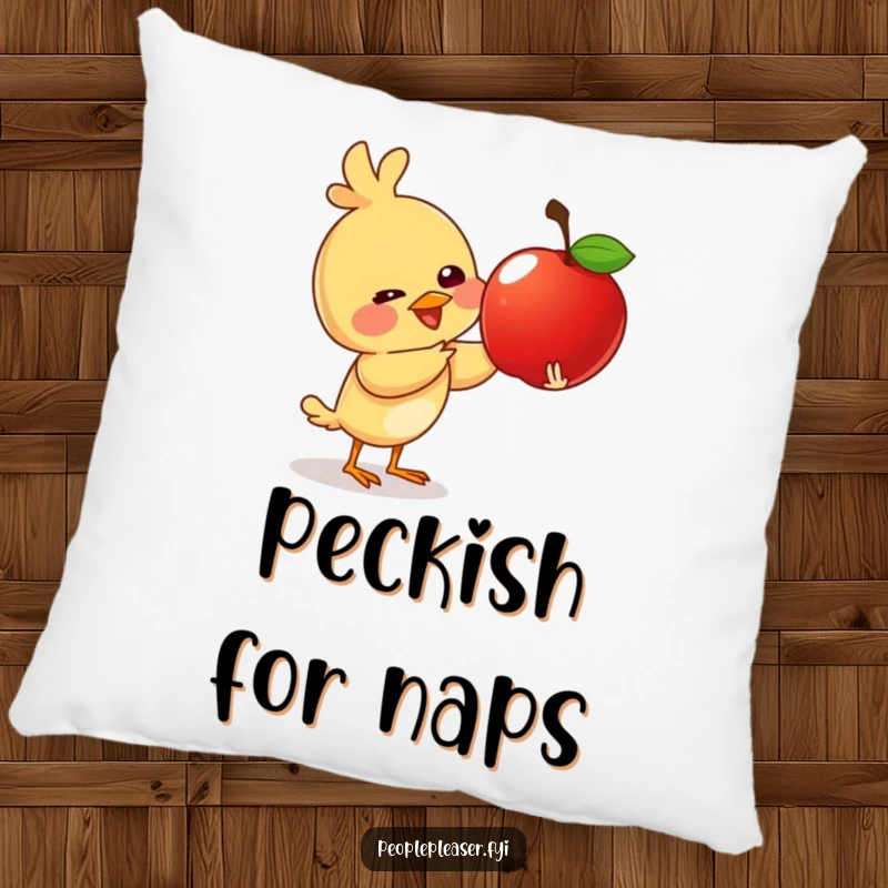 Funny pillow featuring a giggling bird character giving a shiny apple, perfect for adding cozy, cheerful vibes to any space.