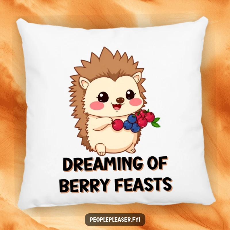 Funny Kawaii hedgehog pillow featuring a character sharing its berries, providing plush comfort and a kind, generous design.