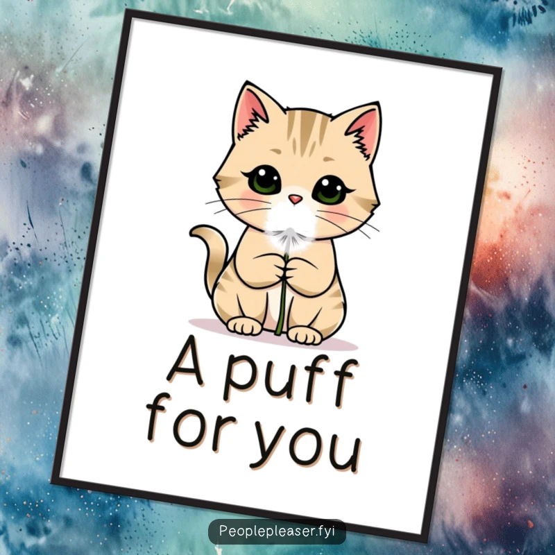 Funny cat digital art print of a charming cat offering a delicate dandelion puff, radiating warmth and playful innocence.