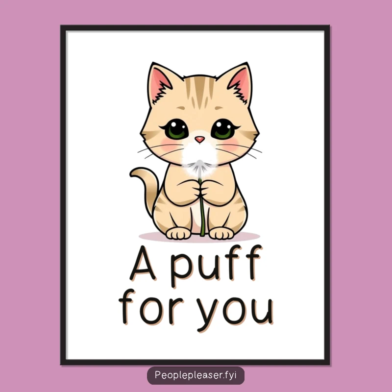 Funny Cat Digital Art: Charming Dandelion Offering, Whimsical Wall Art Instant Gift