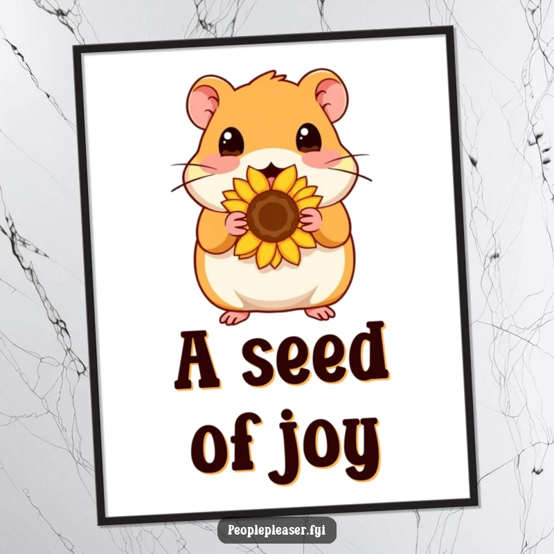 Funny Digital Art Print: Content hamster character offers a sunflower seed, a peaceful and humorous piece for any wall.