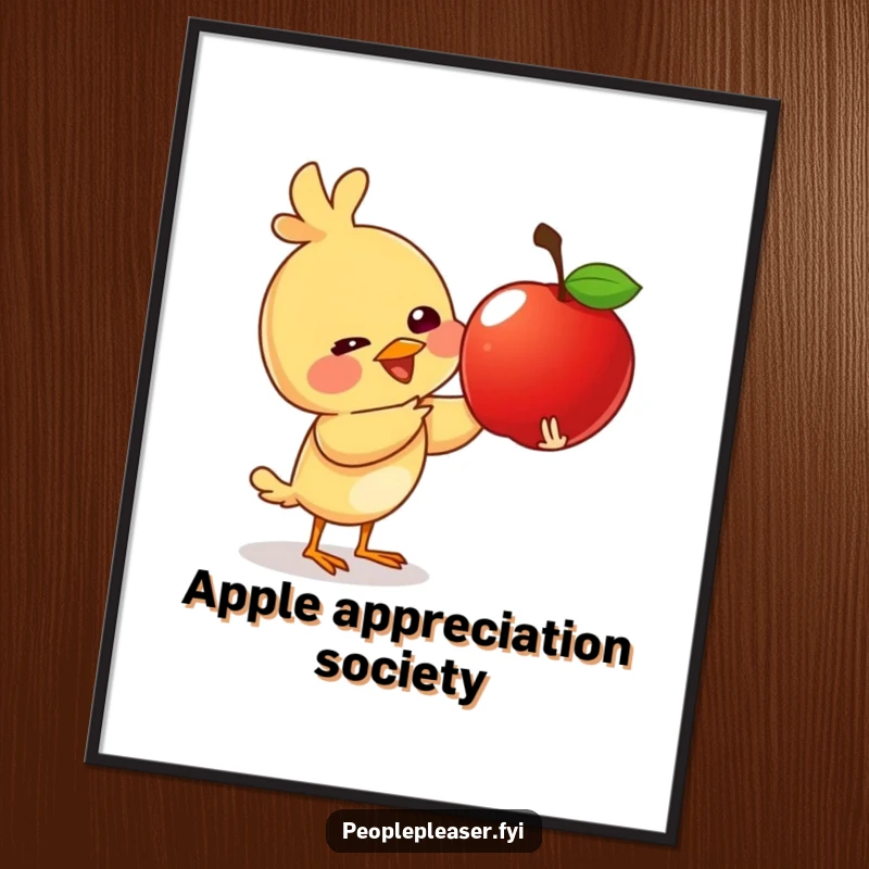 Funny digital art print of a giggling bird character giving a shiny apple, bringing instant whimsical charm and cheer.