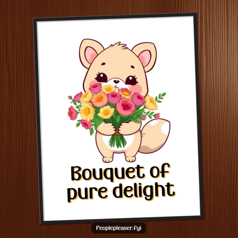 Funny cute animal digital art print, offering a large bouquet with a gentle smile, a high-resolution humorous artwork.