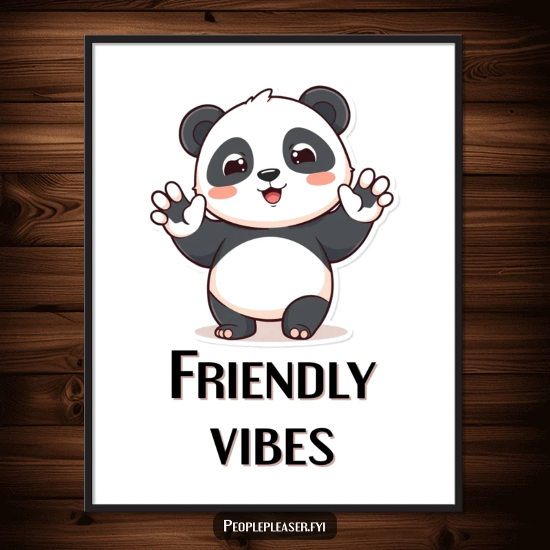 Funny panda digital art print of a cute character waving hello with a beam. High-resolution artwork for instant download adds humor to walls.