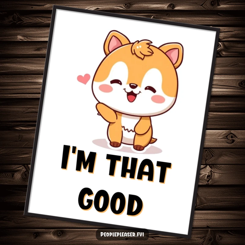 Funny Digital Art Print of a happy, pleased animal character smiling brightly after receiving a compliment, bringing joy and humor to any room.