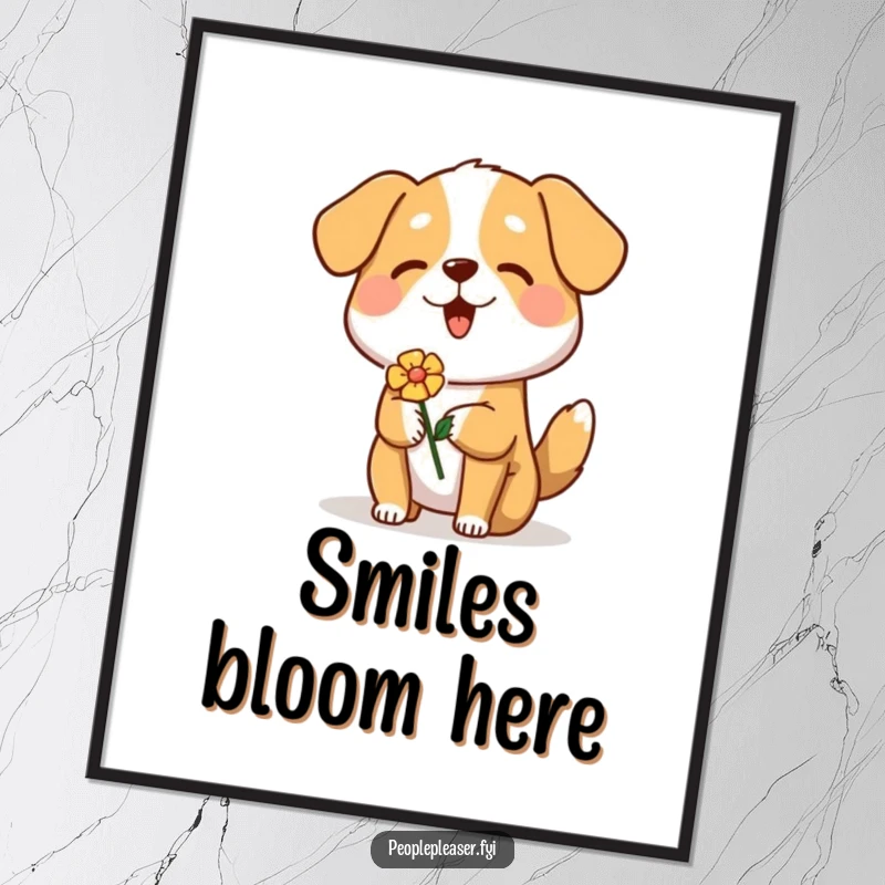 Funny Dog Digital Art Print of a cheerful dog character happily offering a flower, perfect for instant home decoration.