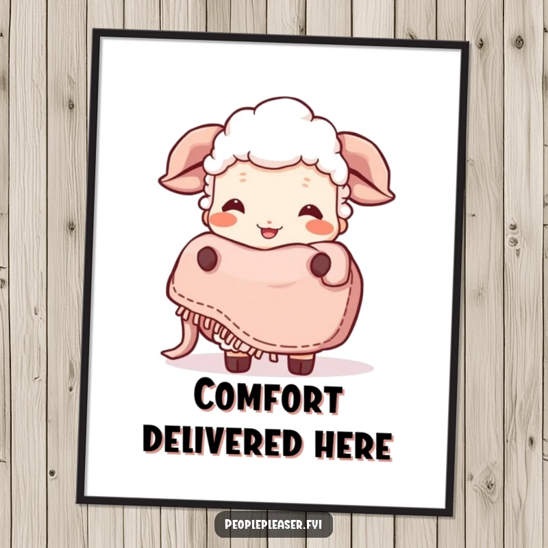 Funny Sheep Digital Art Print: A giggling sheep character joyfully presents a plush blanket, creating an atmosphere of warmth. Wall-worthy funny gift!