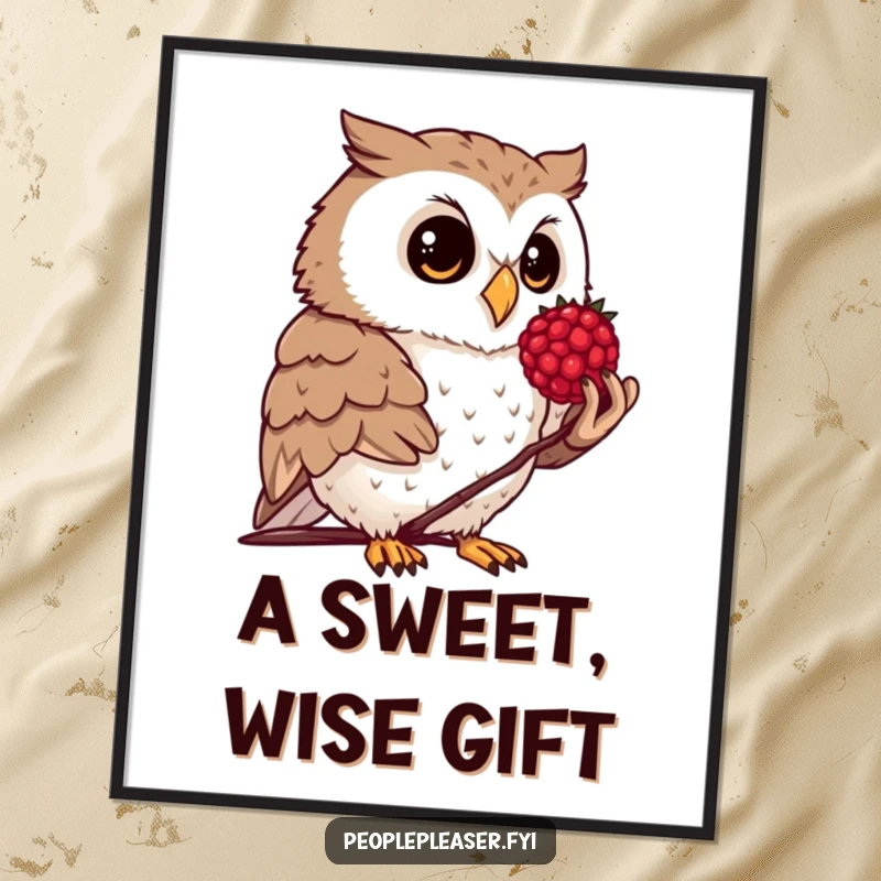 Funny digital art print of a curious owl politely offering a polished berry, a beautiful illustration.