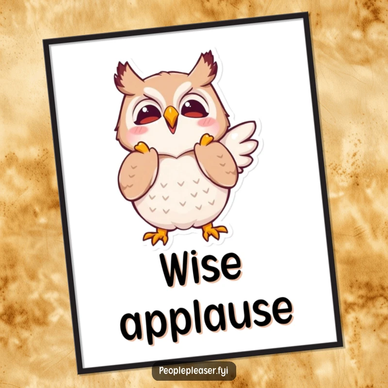 Funny digital art print of a joyful owl character clapping its wings in approval, symbolizing enthusiasm and celebration.