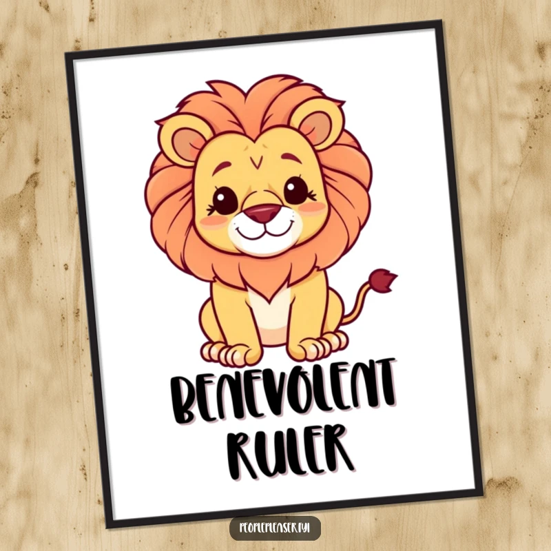 Funny digital art of a proud lion with a gentle, reassuring smile, symbolizing quiet strength and regality.