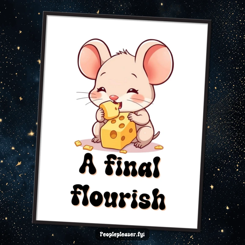 Funny digital art print of a sweet mouse character sharing its last crumb of cheese, offering a humorous and heartwarming visual for instant download.