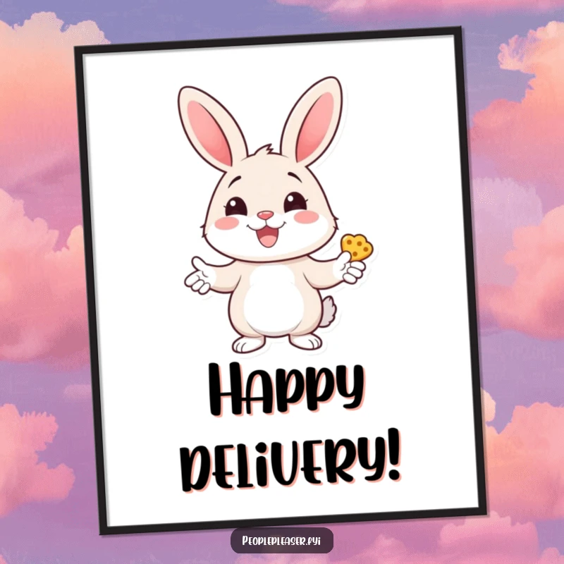 Funny bunny digital art print of a cheerful bunny character handing out treats with a wide smile, adding sweet and humorous charm.