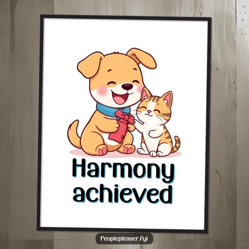 Funny digital art print of a happy dog offering a toy to a cat, high-quality.