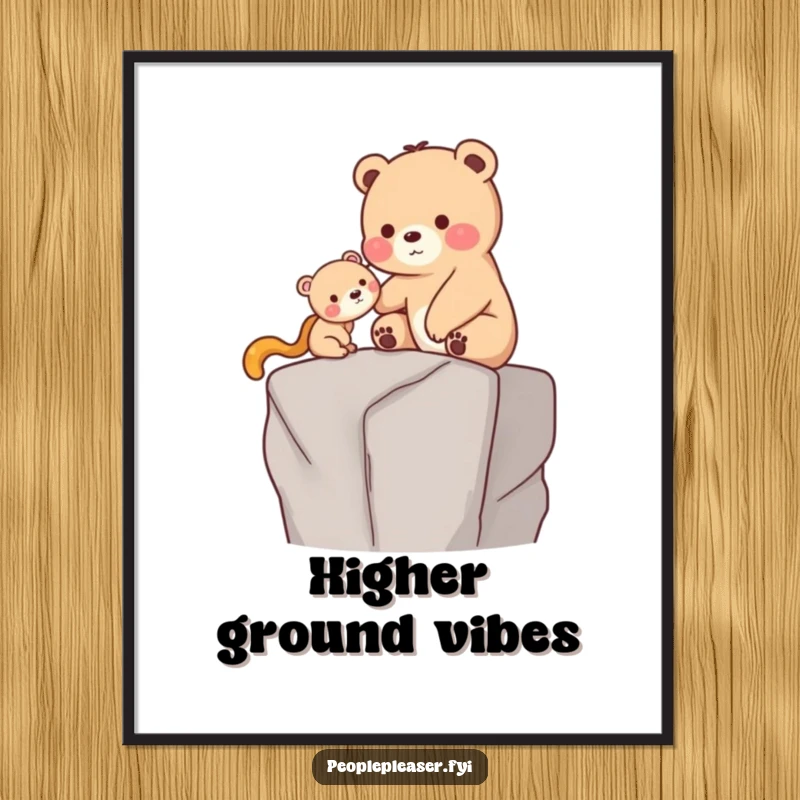 Funny Digital Art Print: A caring bear gently helps a smaller creature onto a high ledge, a humorous and heartwarming piece for digital display.