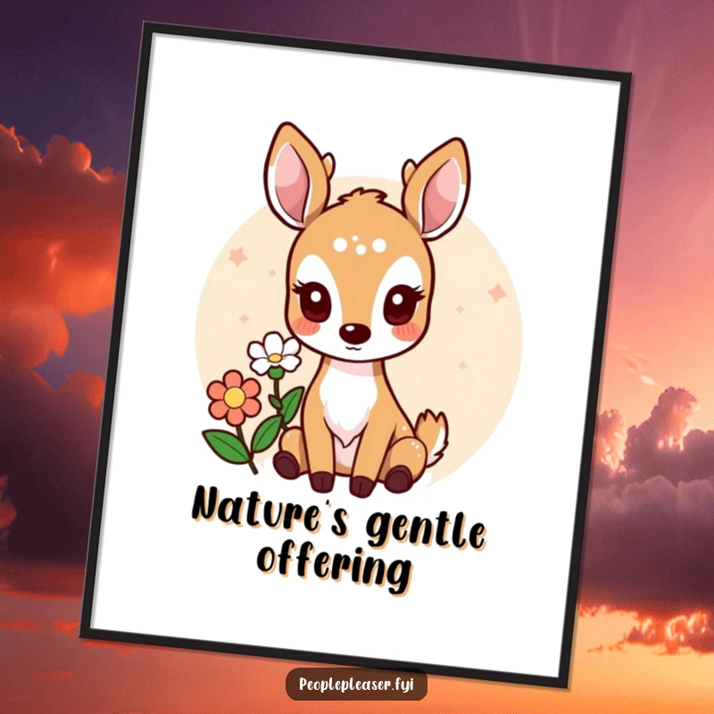 Funny digital art print of a cute deer character offering a flower, perfect for instant, heartwarming home decor.