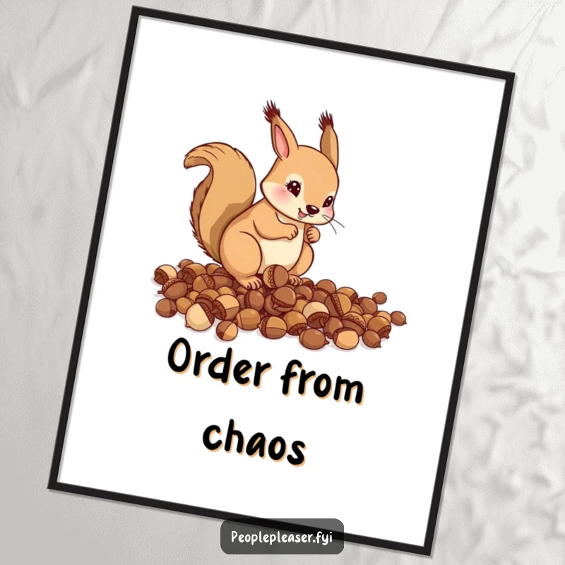 Funny Digital Art Print: A helpful squirrel meticulously organizes scattered acorns, a humorous and visually appealing piece for digital display.