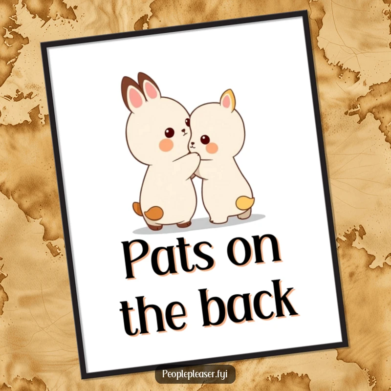 Funny digital art print of a small animal character gently patting another on the back with encouragement.
