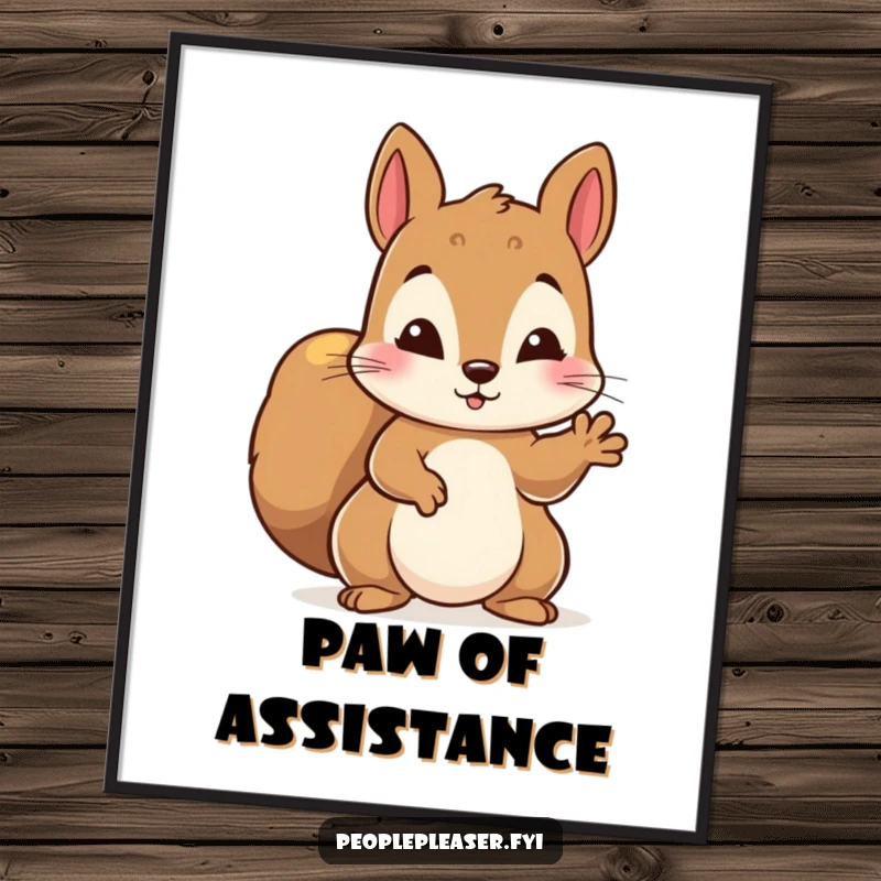 Funny digital art print of a diligent squirrel character offering a helping paw, symbolizing kindness and support.
