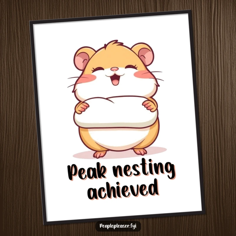 Funny digital art print of a giggling hamster character proudly presenting a perfectly rolled piece of bedding, celebrating cozy nesting.