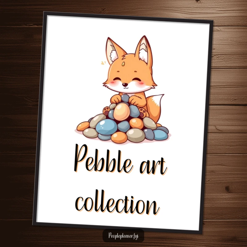 Funny fox digital art print, artfully arranging a pile of shiny pebbles with a clever and proud expression, conveying playful intelligence.