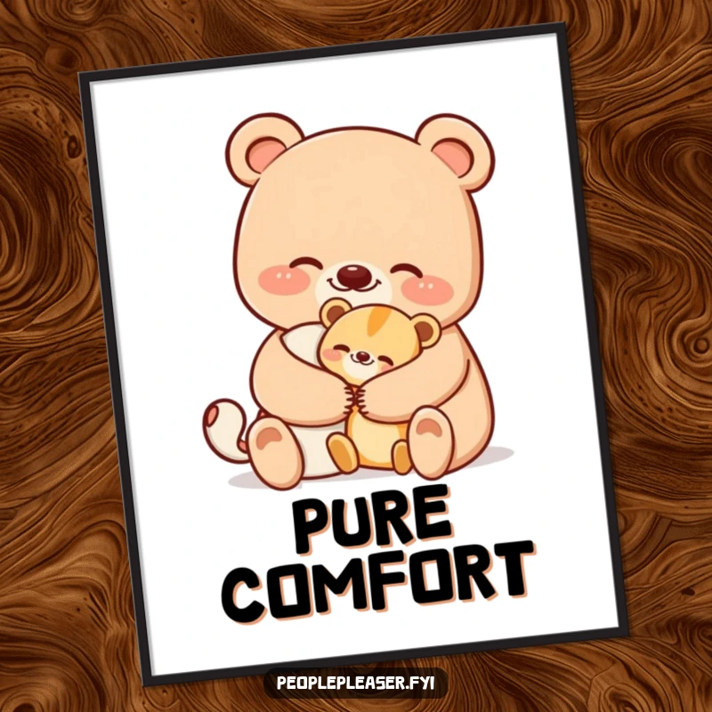 Funny bear digital art print of a smiling bear character offering a comforting hug to a smaller animal, adding warmth and humorous charm.