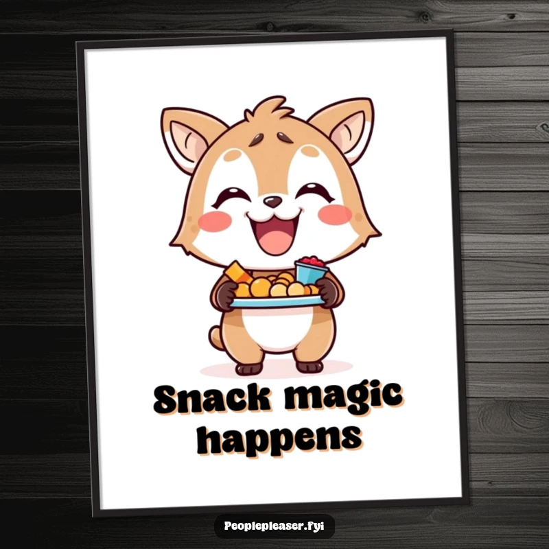 Funny digital art print of a happy animal character holding a tray overflowing with delicious snacks, perfect for decor.