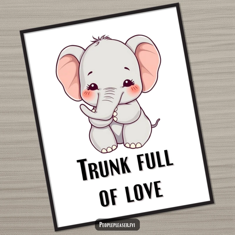 Funny Kawaii elephant digital art print of a character offering a soft hug with its trunk, ideal for humorous and comforting digital decoration.