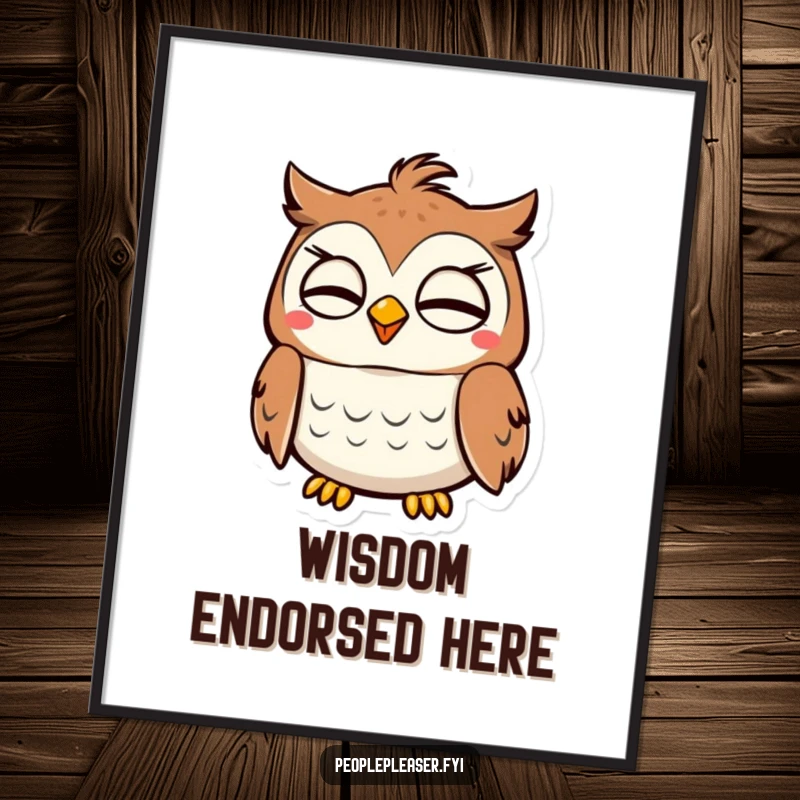 Funny Owl Digital Art Print: A joyful owl character nods approvingly, radiating wisdom and charm. Wall-worthy funny gift!