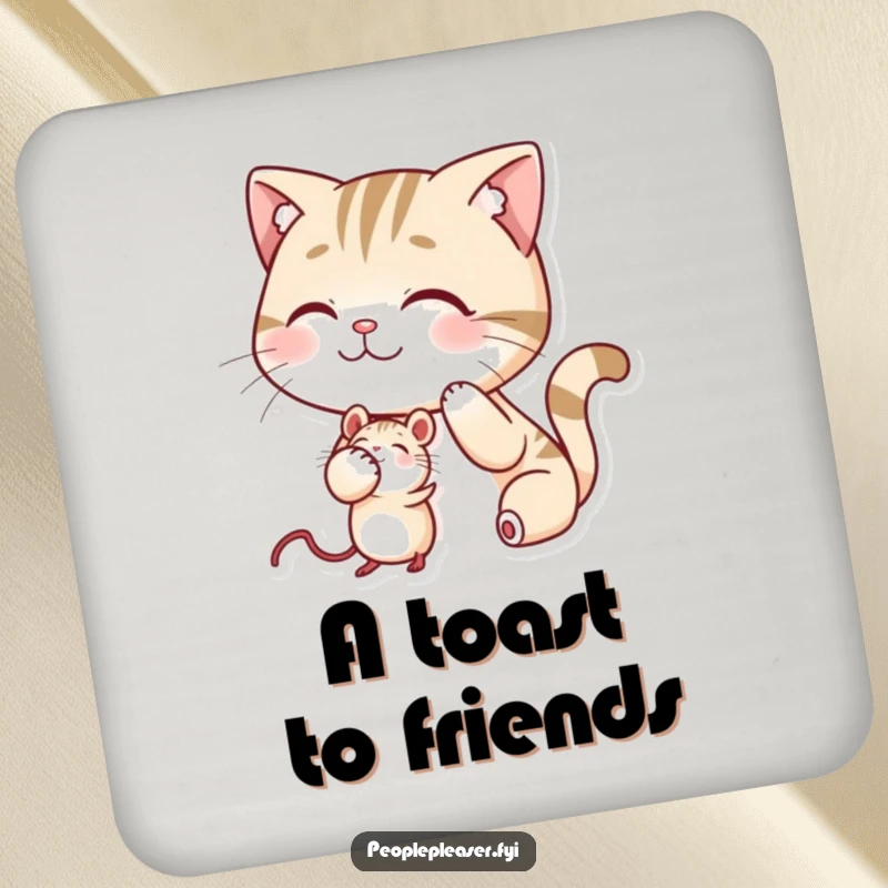 Funny drink coasters featuring a smiling cat patting a mouse on the head, protecting surfaces humorously.