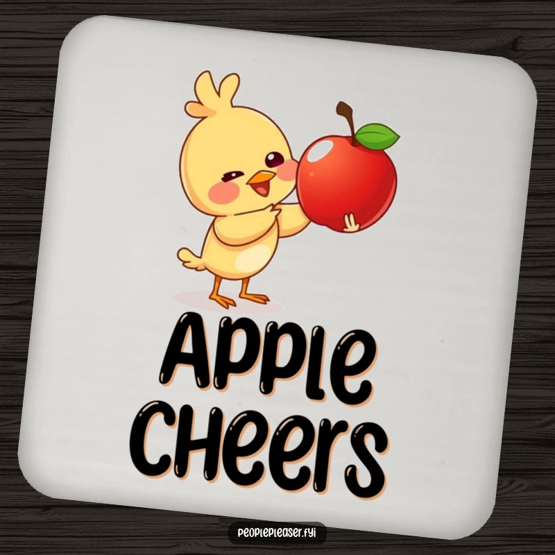 Funny coaster with a giggling bird character giving a shiny apple, protecting surfaces with charming, cheerful delight.