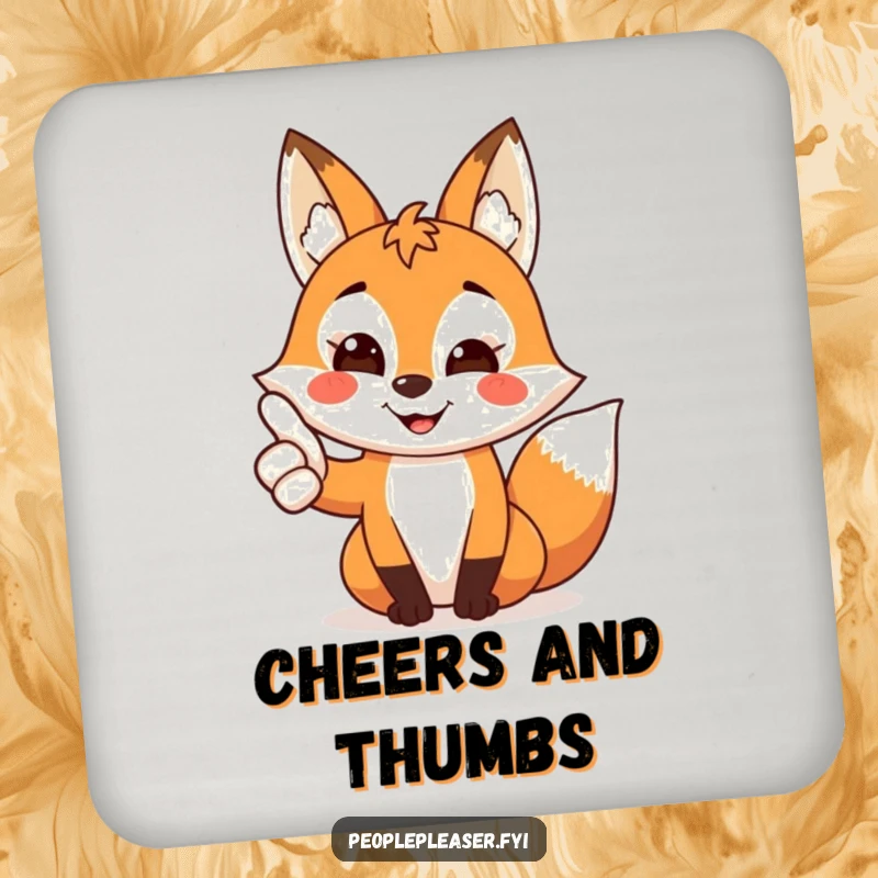 Funny Fox Coasters set depicting a smiling fox character giving a thumbs up, protecting surfaces with playful approval.