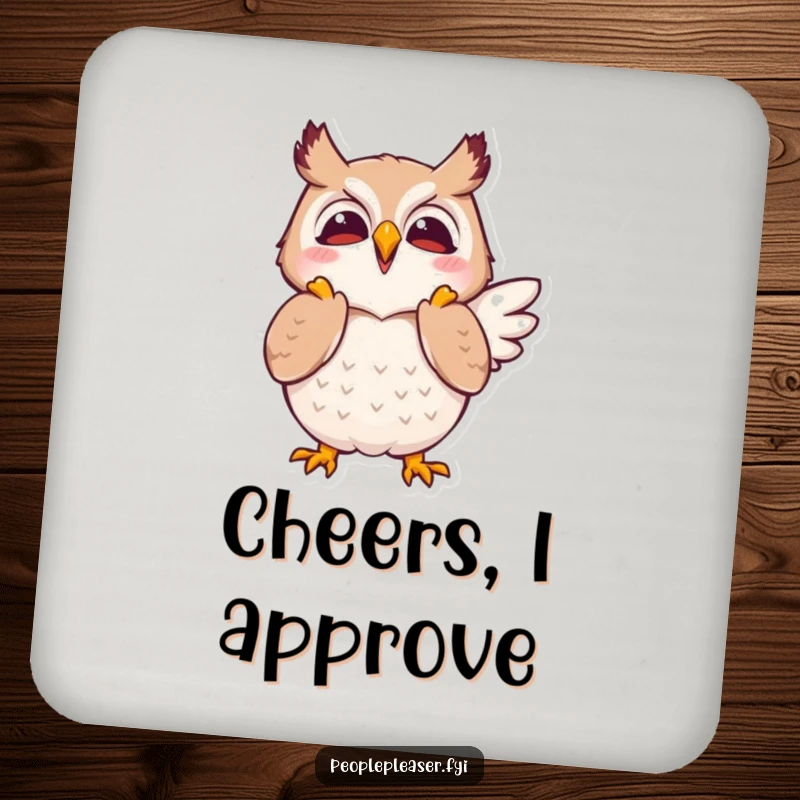 Funny drink coasters featuring a joyful owl character clapping its wings in approval, adding a touch of celebration.