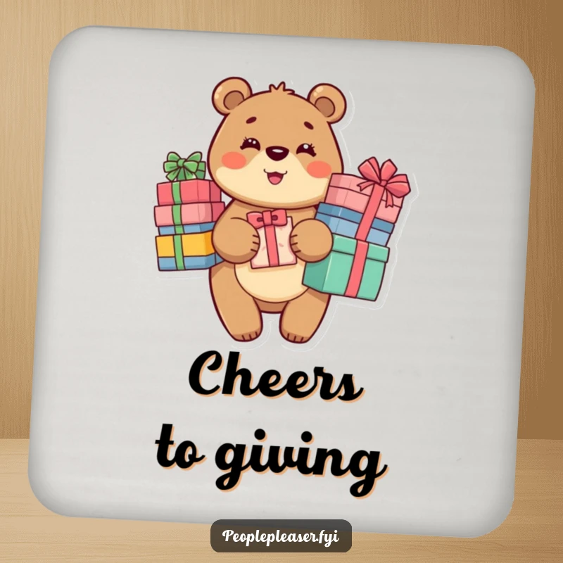 Funny Bear Coasters set depicting a beaming bear holding gifts, protecting surfaces with a generous and humorous touch.