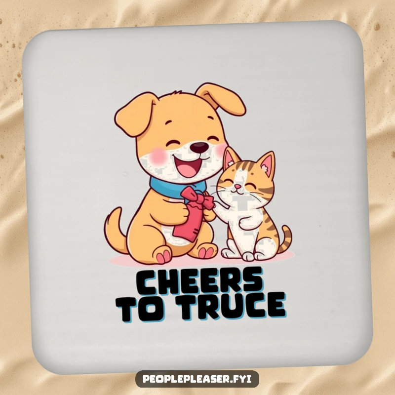 Funny drink coasters featuring a happy dog offering a toy to a cat, protecting surfaces humorously.