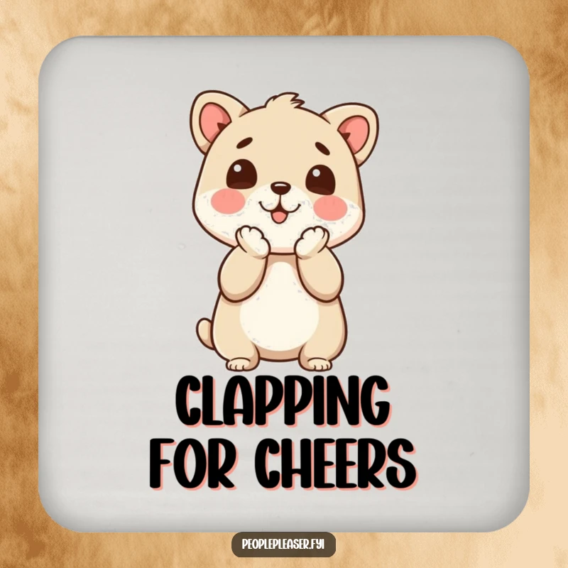 Funny Coaster: An animal character clapping its paws enthusiastically, showing approval while protecting surfaces.