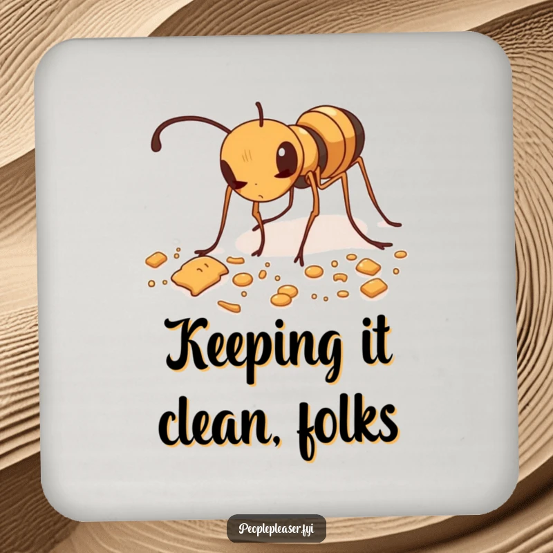 Funny drink coaster featuring a diligent ant meticulously tidying up scattered crumbs, keeping surfaces safe.