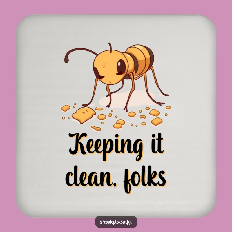 Funny Ant Tidying Coaster: Coaster with an ant cleaning crumbs, a funny gift.